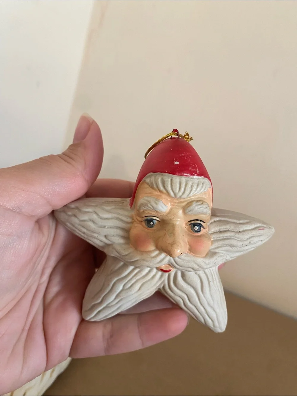 Vintage set of 4 Santa Ornaments - star, bell and icicle shapes, Belsnickle, red